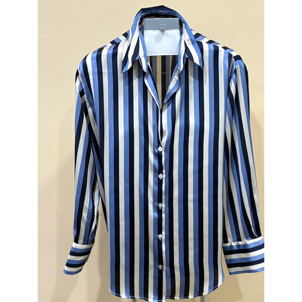 Zara Blue White Striped Satin Button Down Shirt Blouse Long Sleeve Size Medium